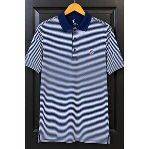 F&G TECH Men’s XL Navy/White Striped Polo Shirt Short Sleeve Stretch Logo